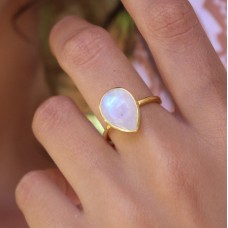 Rainbow moonstone pear silver gold plated ring